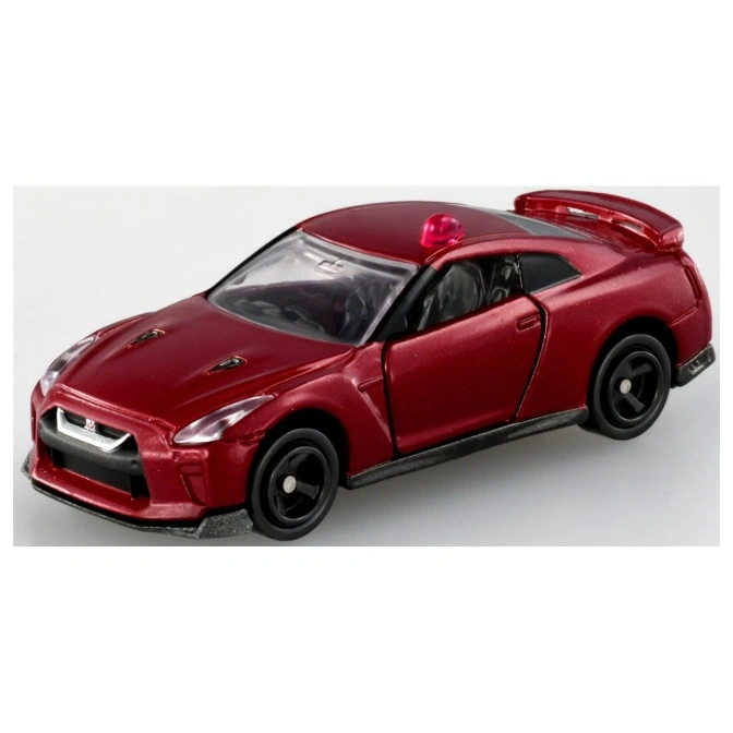 Red toy Nissan GT-R with black wheels and a red light on the roof.