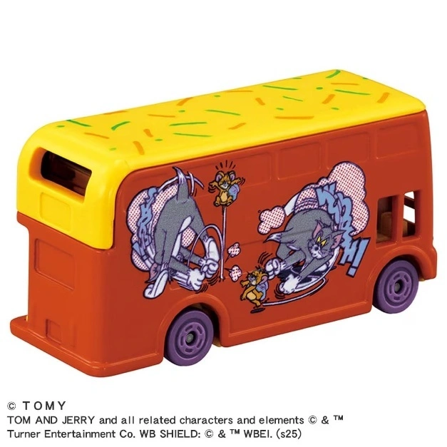  Tom and Jerry double-decker toy bus with cartoon graphics, yellow roof, and purple wheels.