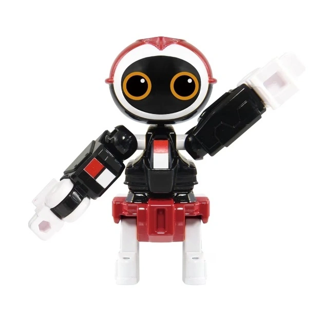  Red, black, and white robot toy with large eyes and articulated arms.