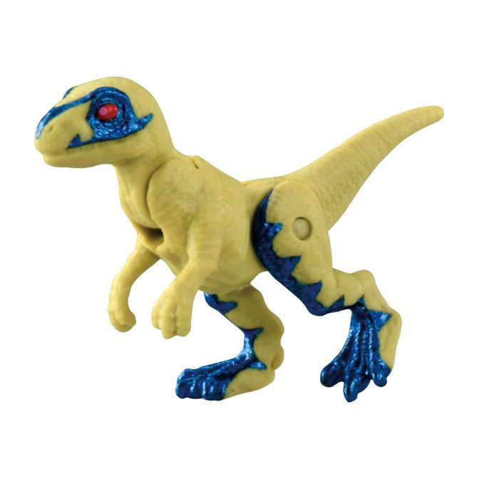  Yellow dinosaur toy with blue markings and red eyes standing on two legs.