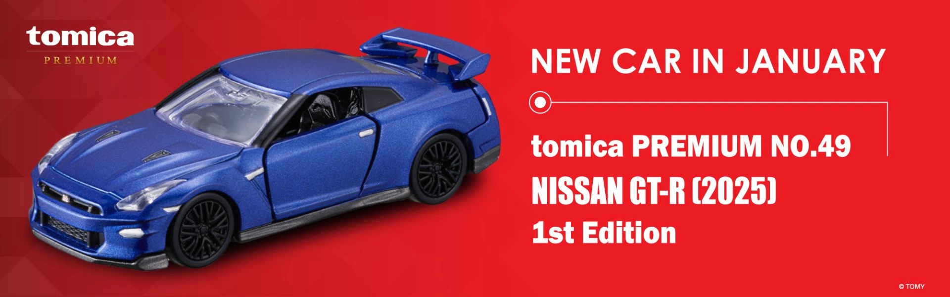 Tomica Premium promotional banner featuring No. 49 Nissan GT-R in blue, 1st Edition.