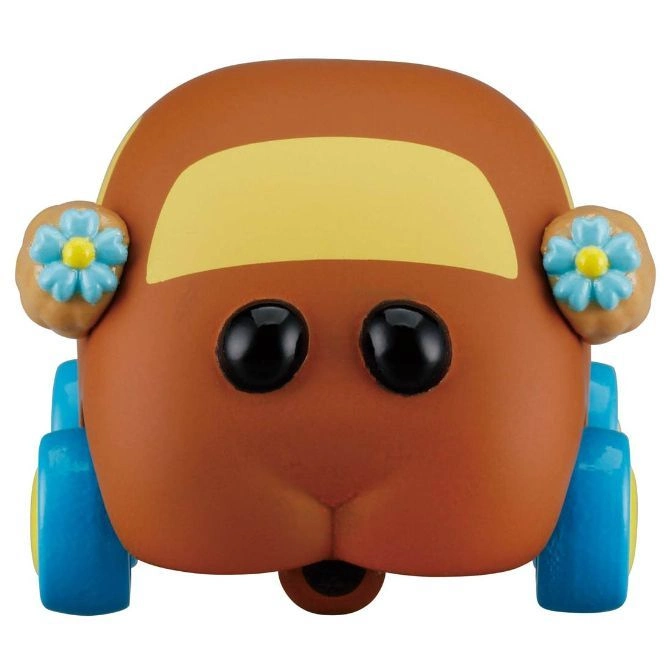  Brown toy car with flower decorations on the sides and blue wheels.