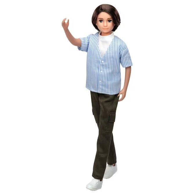  Male doll in striped shirt, cargo pants, and sneakers waving.
