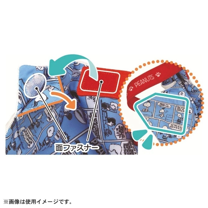  Blue Peanuts comic print bag with velcro closure and red strap detail.