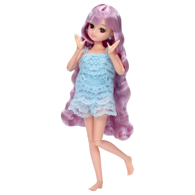 Doll with long lavender hair wearing a blue lace dress, standing with one leg forward.