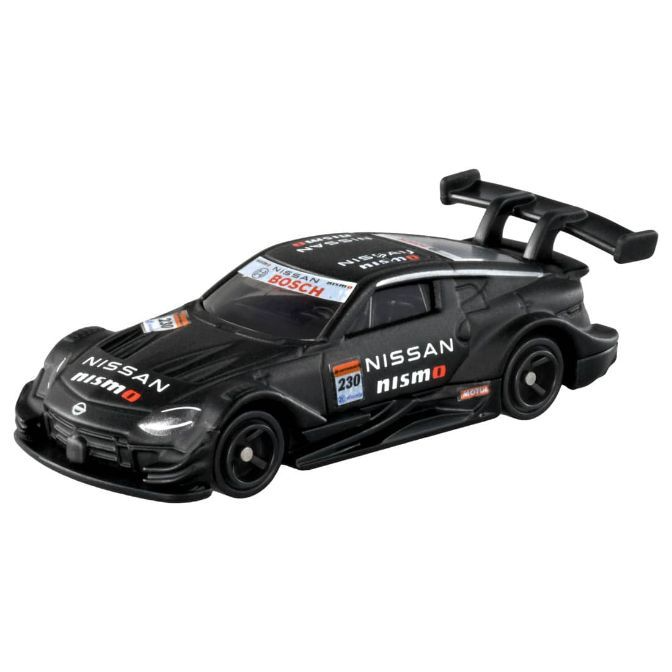 Black Nissan Z Nismo race car toy with rear spoiler and sponsor decals.