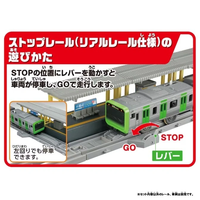  Toy train set with stop/go lever, station platform, and green train car.