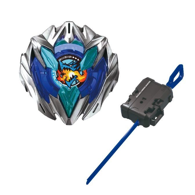  Beyblade with launcher: silver, blue, and teal spinning top toy with a blue ripcord launcher.
