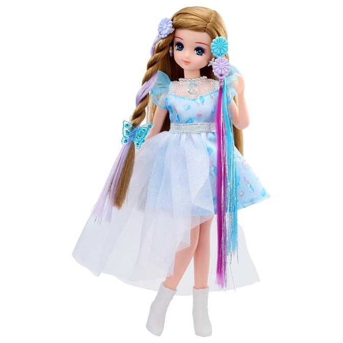  Doll with long blonde hair, blue dress, and white boots.