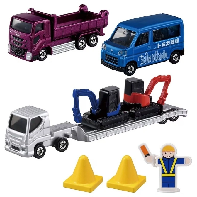 Toy construction vehicle set: dump truck, van, flatbed with excavators, cones, and worker figure.