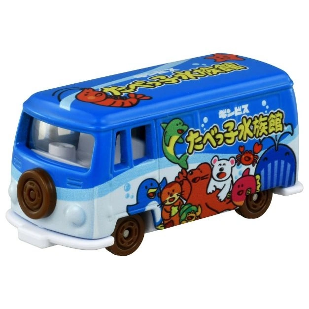 Blue toy bus with ocean animal cartoon graphics and brown wheels.