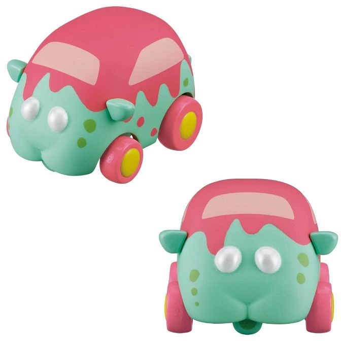  Two toy cars, pink and green with yellow wheels, resembling cartoon monsters.