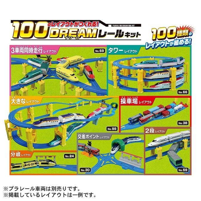  The product image shows a Plarail 100 Dream Rail Kit, featuring various train track layouts. The layouts include a three-train simultaneous running layout, a tower layout, a large layout, a marshalling yard layout, a two-level layout, and a crossing point layout. The image also contains Japanese text.
