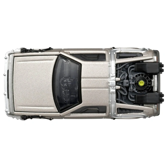  Silver toy DeLorean car with visible engine and time travel components.