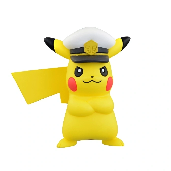 Pikachu figure wearing a white and black captain's hat with arms crossed.