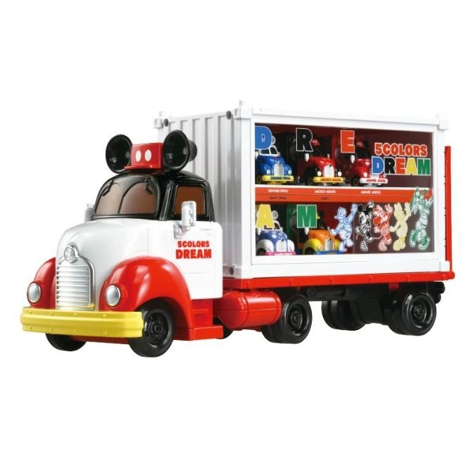 Mickey Mouse toy truck with character cars inside a clear container.
