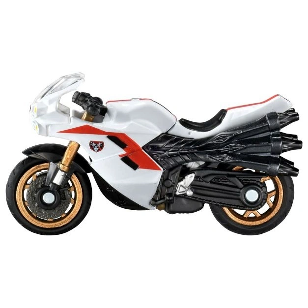  White toy motorcycle with gold rims and black exhaust pipes.