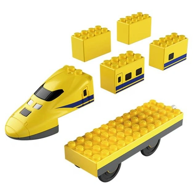  Yellow toy train set with building blocks and train car on wheels.