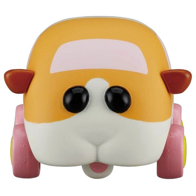  Orange guinea pig car toy with pink wheels and big black eyes.