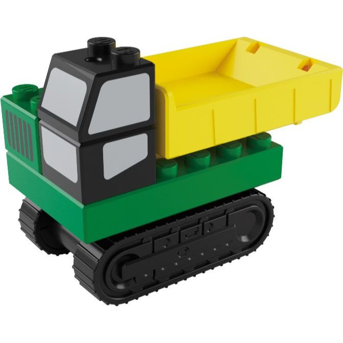  Toy dump truck made of green, yellow, and black plastic blocks with caterpillar tracks.