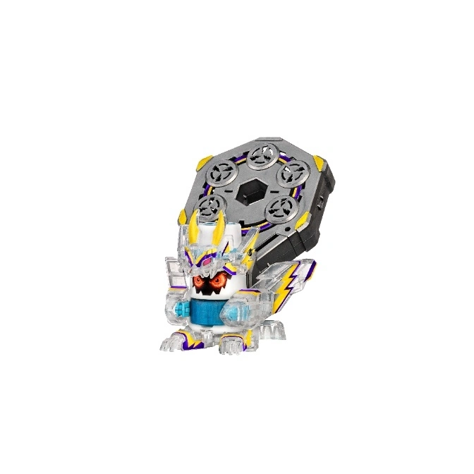 Clear Bakugan toy with yellow and purple accents, and a grey shield-like back.