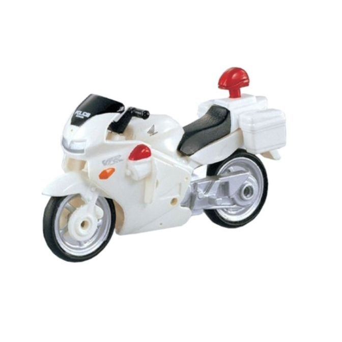 White toy police motorcycle with red light and storage boxes.