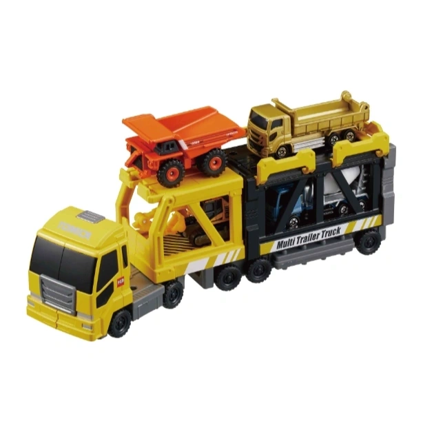 Multi Trailer Truck toy carrying construction vehicles, including dump trucks and an excavator.