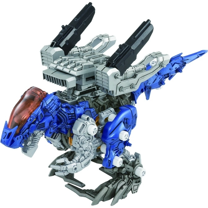  Blue and grey Zoids toy with black cannons, featuring a dinosaur-like head and mechanical details.