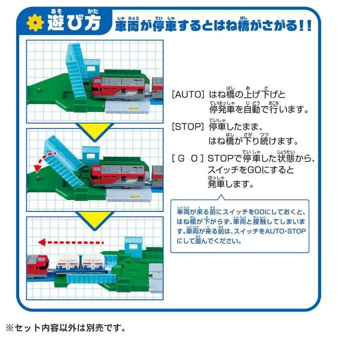  Instructions for a toy train set with a drawbridge. The instructions show how the drawbridge works in different modes: AUTO, STOP, and GO. It also warns against setting the switch to GO before the train arrives, as this could cause the drawbridge to lower and collide with the train.