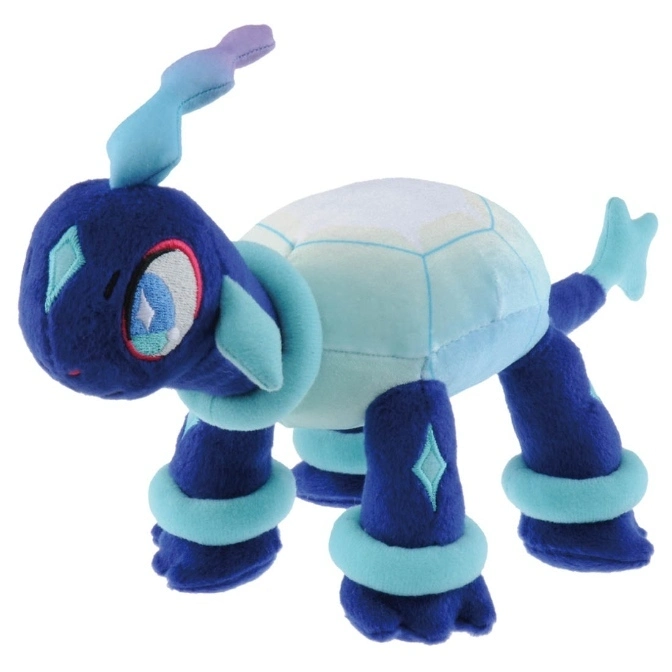Blue plush toy with light blue shell, rings on legs, and diamond accents.