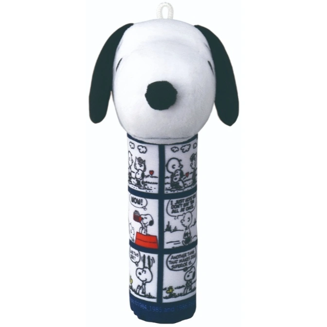 Snoopy plush toy with comic strip body, featuring Snoopy's head and classic Peanuts panels.