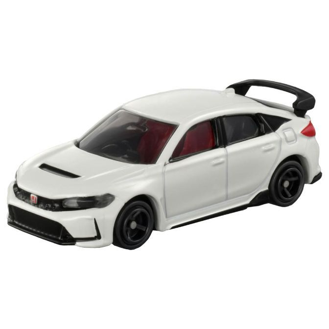 White Honda Civic Type R toy car with black wheels and spoiler, red interior.