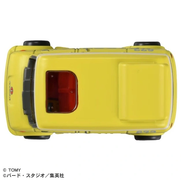  Yellow toy car with red window and black wheels, viewed from above.