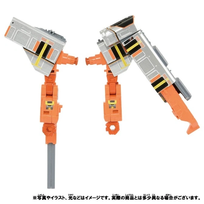  Two orange and silver toy robot arms with train car tops, one with a gray support.