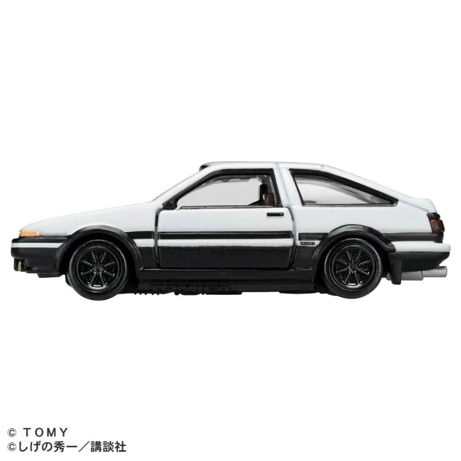  White and black Toyota AE86 diecast car, a miniature replica of the iconic drift car.