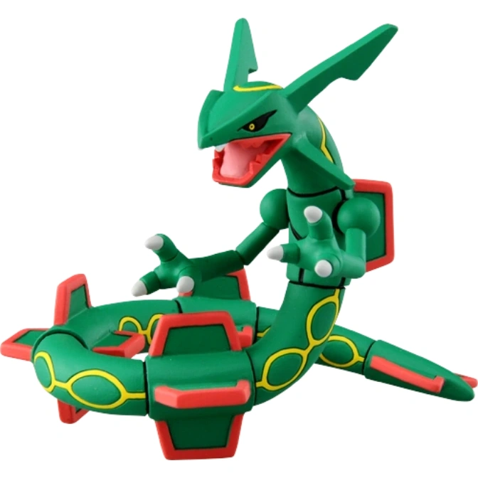 Green Rayquaza toy with red accents, posed with arms outstretched and mouth open.