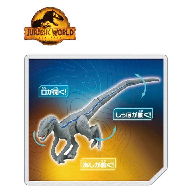  Jurassic World Dominion Blue toy with moving mouth, tail, and legs.
