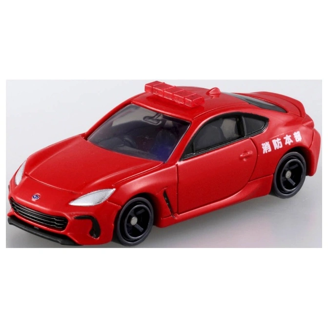  Red toy Subaru BRZ fire department car with emergency lights on the roof.
