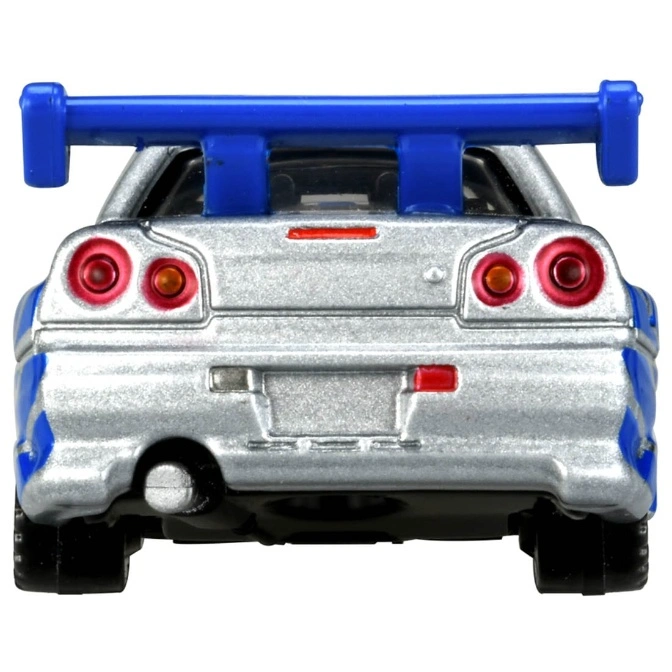  Silver toy car with blue spoiler, rear view. Features include taillights, exhaust, and tires.