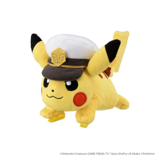  Pikachu plush toy wearing a captain's hat with a gold emblem.