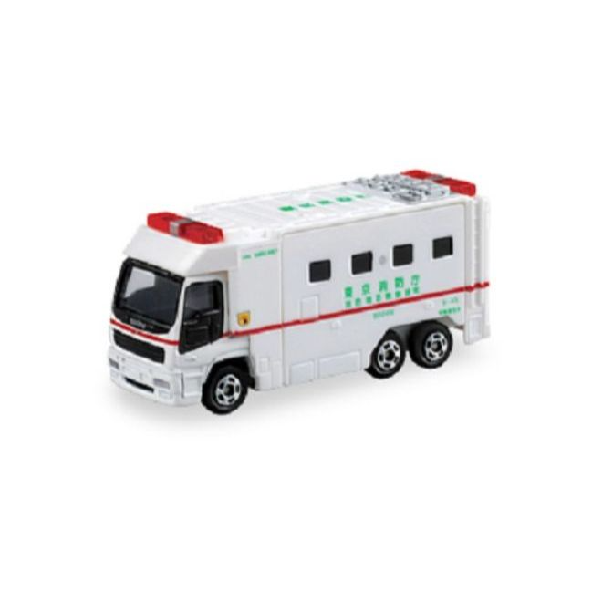 White toy armored truck with red lights, black windows, and Japanese writing.
