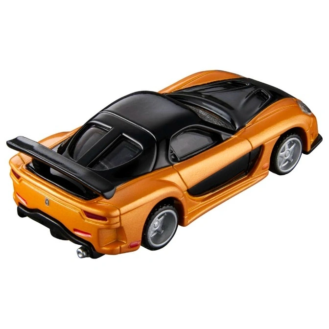  Orange and black toy sports car with spoiler and silver wheels.