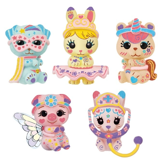 Five decorated toy figures: a superhero dog, ballerina bunny, unicorn bear, fairy pig, and nurse cat.
