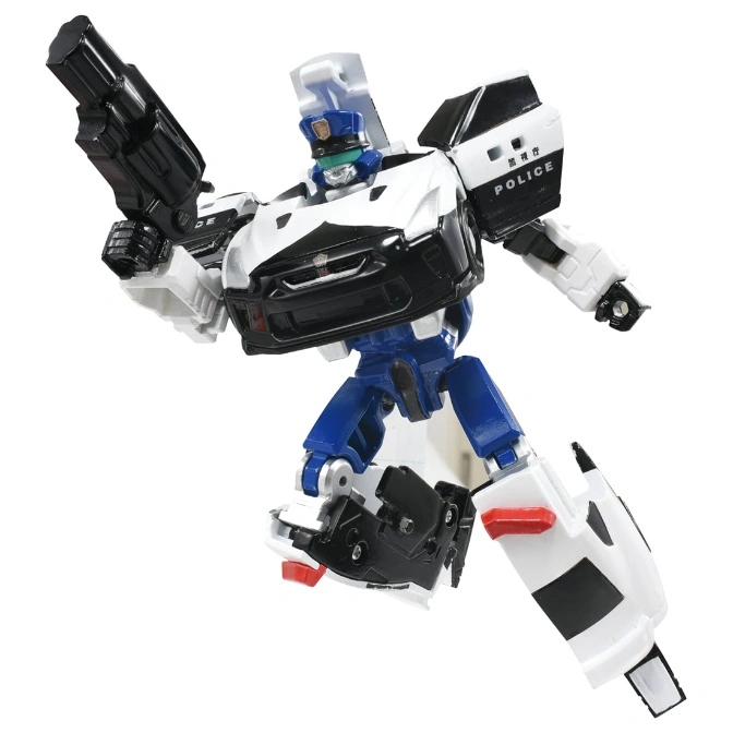  Police car Transformer toy robot holding a gun, white, black, and blue.
