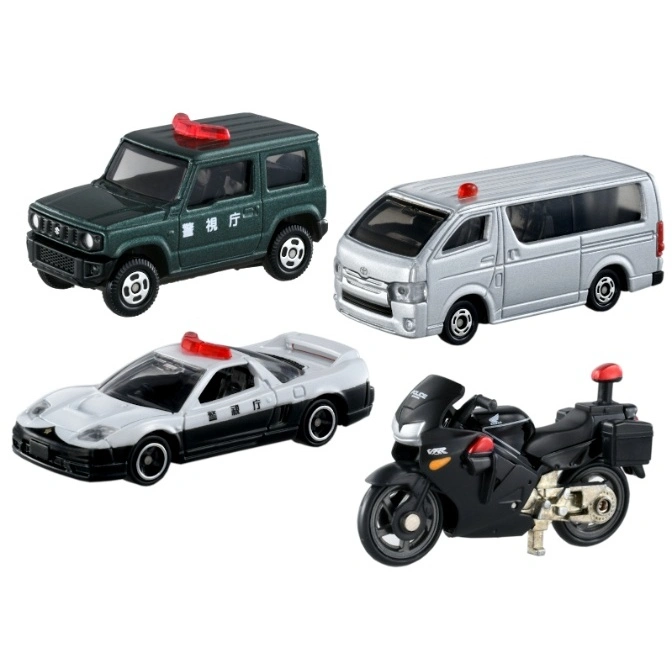 Toy police vehicles: SUV, van, sports car, and motorcycle with red lights.