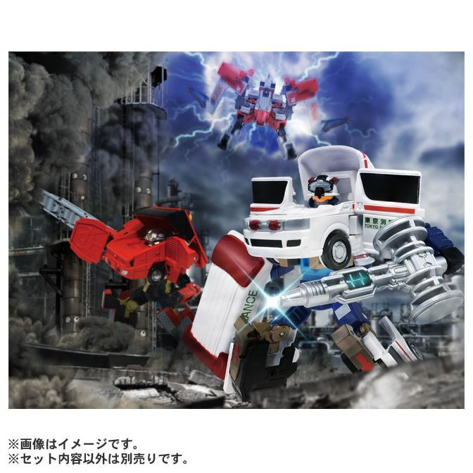  Transformer toys: ambulance robot with rescue vehicles, lightning backdrop.