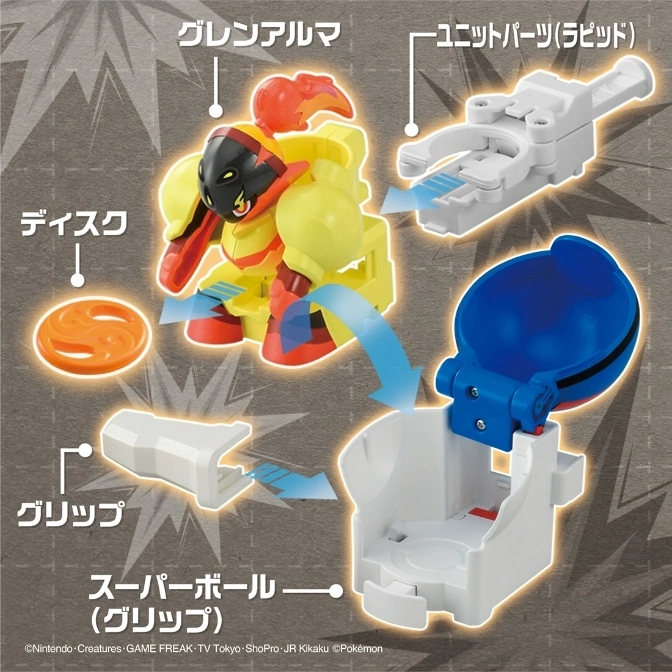  Grenaluma toy set with disc, grip, launcher, and unit parts, showing assembly.