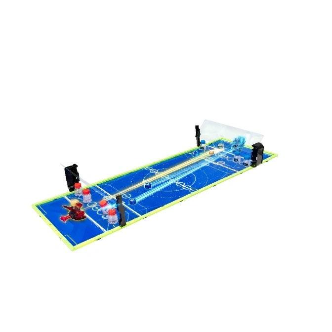  Bakugan toy arena with red and blue Bakugan figures, targets, and obstacles on a blue and green game board.