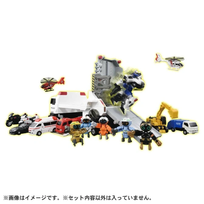  Police toy set with vehicles, robots, base, and helicopters. A robot is exiting the base.