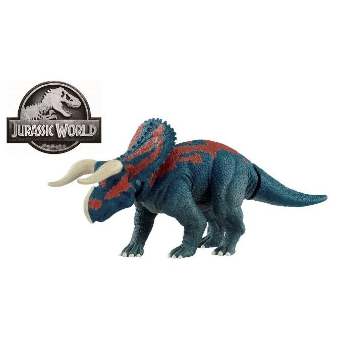 Blue Jurassic World triceratops toy with red markings and white horns.